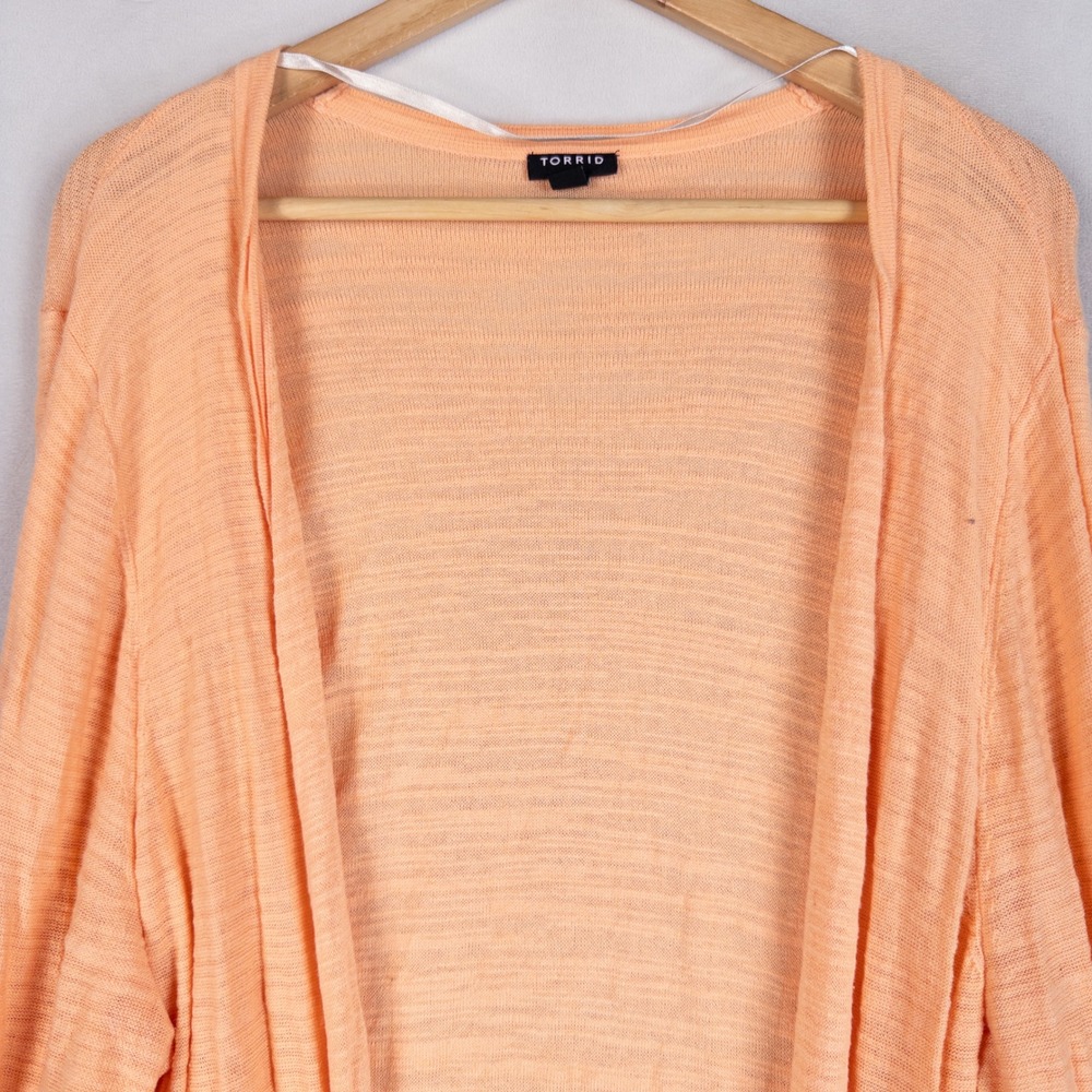 Torrid Cardigan 4X Orange Peach Open Front Longline Slub Knit Pocket Sweater - Picture 2 of 8